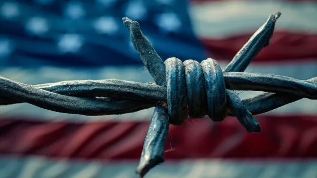 barbed wire and US flag